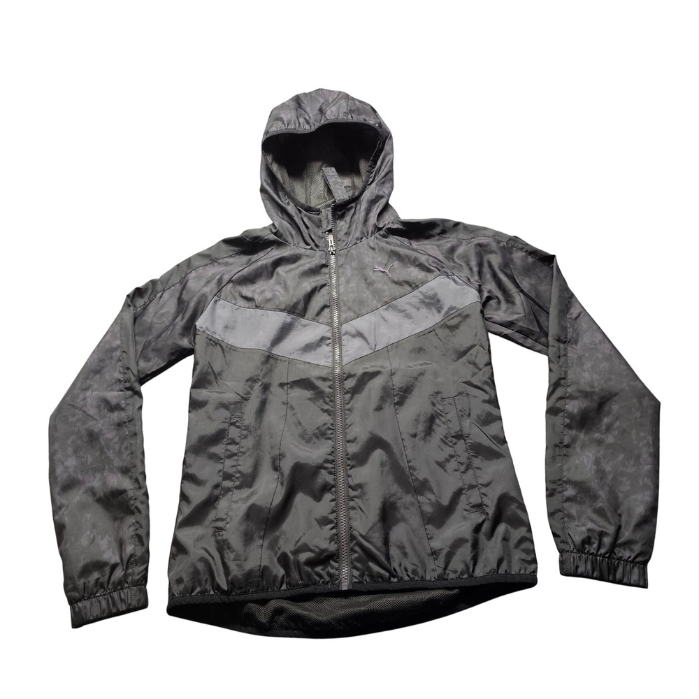 Puma Windbreaker Jacket Womens Small Black Gray Camo Hooded Full Zip Running